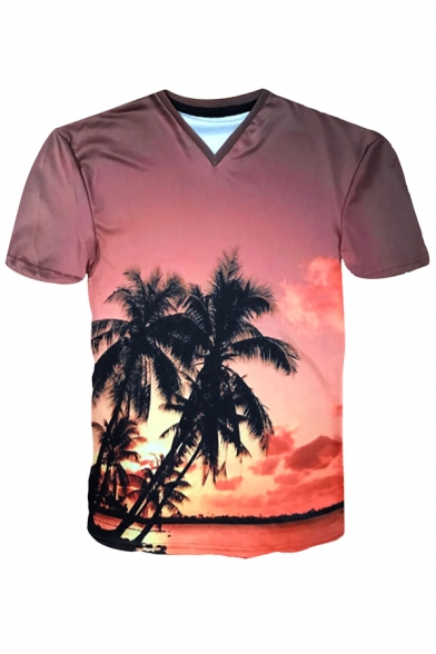 Summer 3D Tropical Coconut Palm Printed V-Neck Short Sleeve Men's Orange T-Shirt