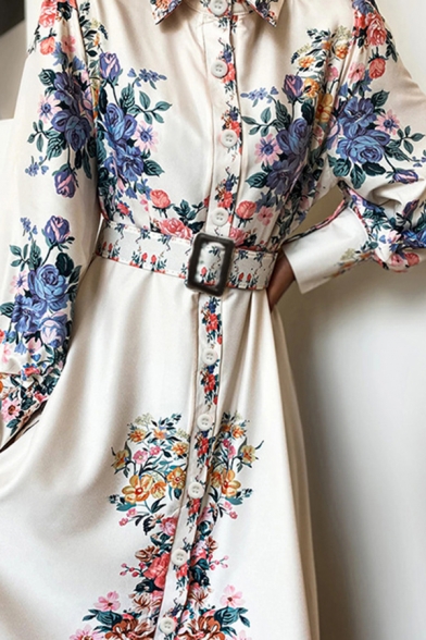 Trendy Women's Shirt Dress Floral Pattern Button Closure Turn-down Collar Long Bishop Sleeves Long Shirt Dress with Buckle