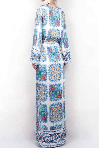 Unique Womens Dress Porcelain Printed Long Sleeve V-neck Maxi A-line Dress in Blue-white