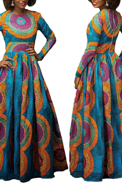 Womens Fancy Dress Geometric Pattern Back Zip Pleated Crew Neck Long Sleeve Fitted Maxi A-Line Dress