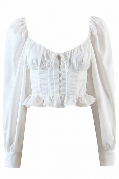 Womens Shirt Trendy Solid Color Ruffle Hem Waist-Control Scoop Neck Long Lantern Sleeve Cropped Slim Fit Tee Shirt