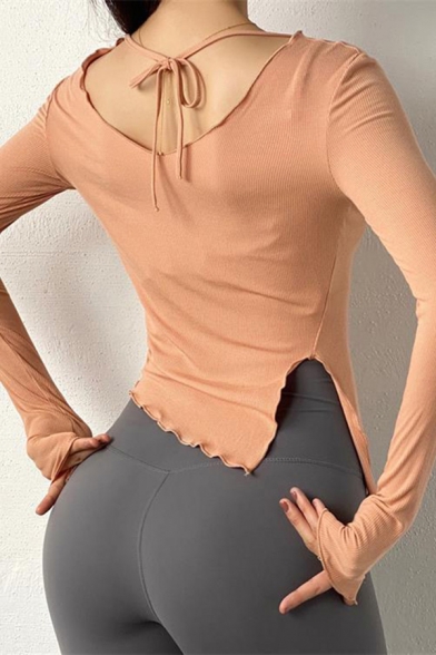 Womens T-Shirt Stylish Plain Color Split Hem Skinny Fit V Neck Long Sleeve Yoga T-Shirt