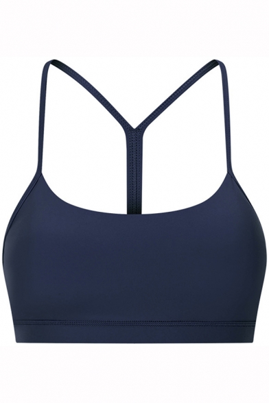 Basic Women's Tank Top Solid Color H Back Round Neck Sleeveless Slim Fitted Active Bra