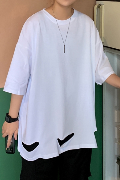 Casual T Shirt Ripped Solid Color Half Sleeve Crew Neck Loose Fit Tee Top for Men