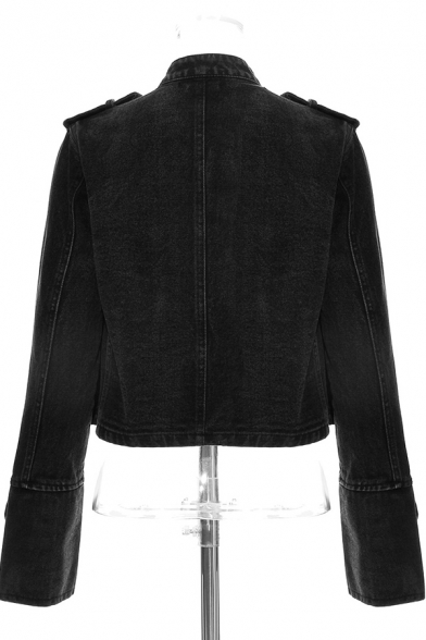 Chic Girls Jacket Button Decoration Long Sleeve Regular Crop Denim Jacket in Black