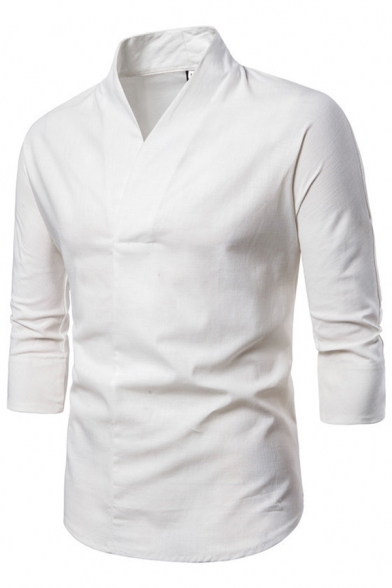 Chinese Style Shirt Mens Plain Color Cotton Linen Slim 3/4 Sleeve V Neck Pullover Shirt