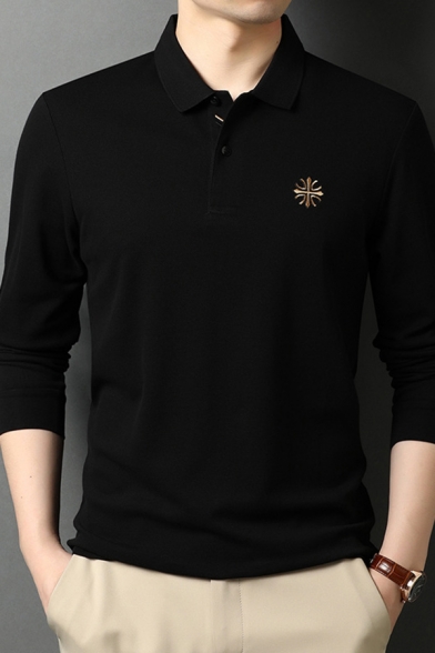 Classic Mens Polo Shirt Embroidered Turn-down Collar Button Detail Long Sleeve Slim Fit Polo Shirt