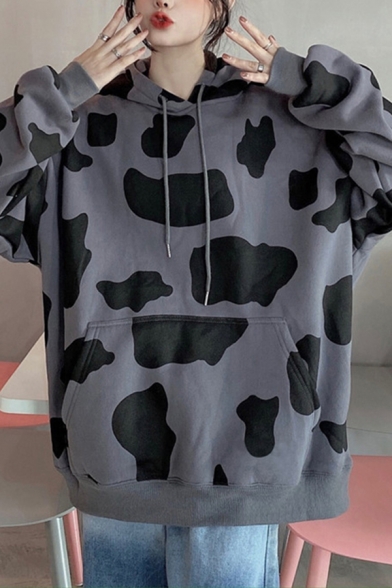 Creative Women's Hoodie Cow Dot Print Front Pocket Long Sleeve Drawstring Hooded Sweatshirt