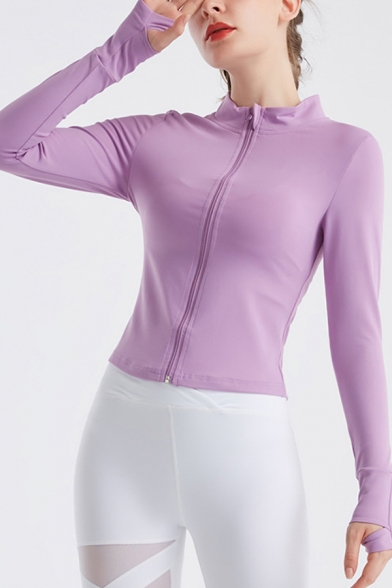 Fancy Women's Jacket Solid Color Zip Fly Stand Collar Finger Hole Long Sleeve Slim Fitted Jacket