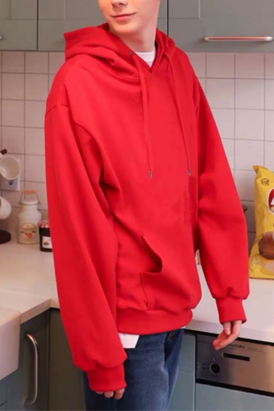 Fashion Mens Hooded Sweatshirt Plain Drawstring Pockets Gathered Cuffs Thick Long Sleeve Oversize Hooded Sweatshirt