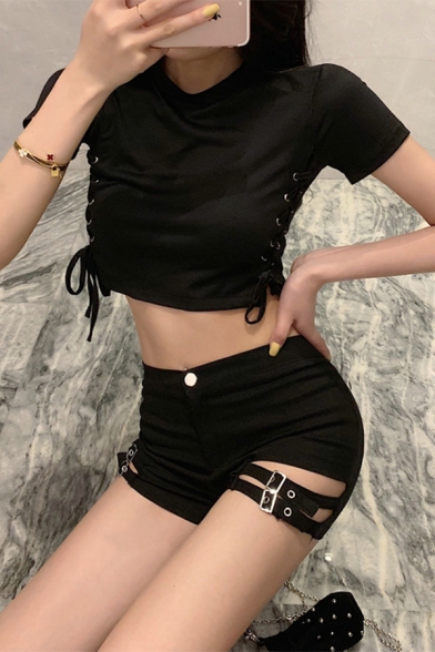Fashion Womens Shorts Solid Color Cut-out Grommets Strap Zip Placket High Waist Slim Fitted Short Black Relaxed Shorts