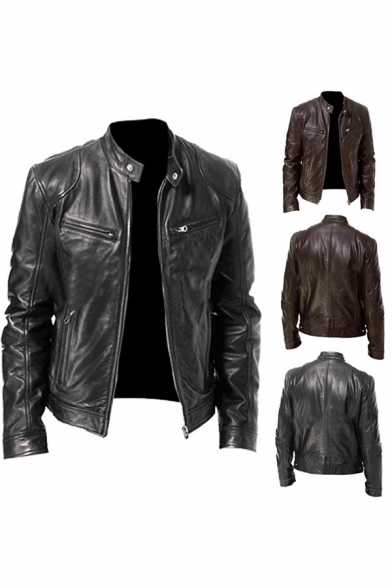 Fashionable Mens Jacket Pockets Zipper up Stand Collar Slim Fit Long Sleeve Leather Jacket