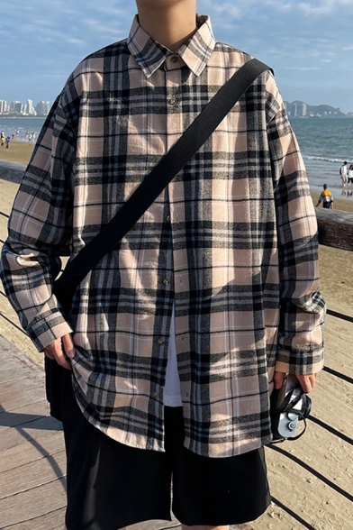 Fashionable Mens Shirt Plaid Pattern Single Breasted Long Sleeve Spread Collar Loose Fit Shirt