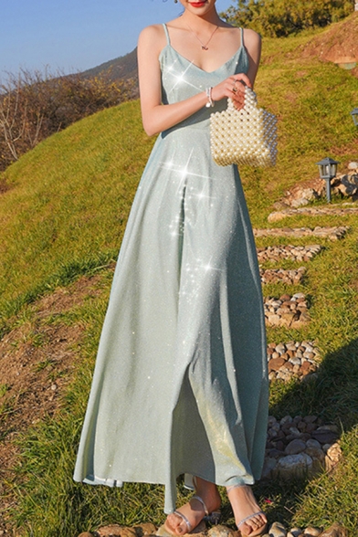 Fashionable Women's A-Line Dress Sequined Glitter Detail Criss Cross Scoop Neck Sleeveless Long A-Line Dress