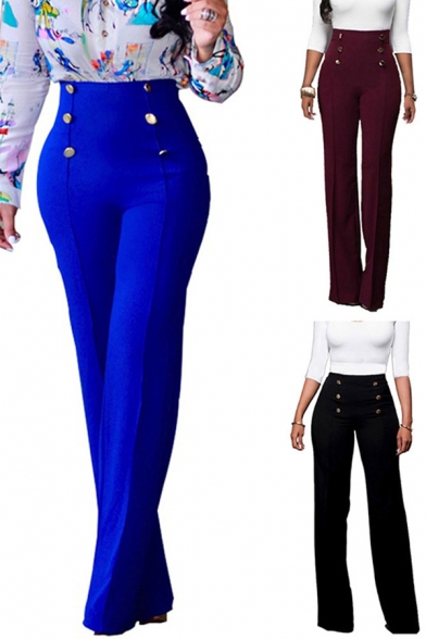 Fashionable Womens Pants Plain Double Breasted Invisible Zipper Back High Rise Regular Fit Flare Pants