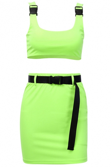 Female Sexy Push Buckle Straps Crop Tank Top with Mini Skirt Casual Solid Color Two Piece Set
