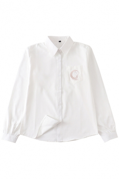 Leisure Women's Shirt Blouse Moon Star Embroidered Chest Pocket Button Closure Point Collar Long Sleeve Regular Fitted Shirt Blouse