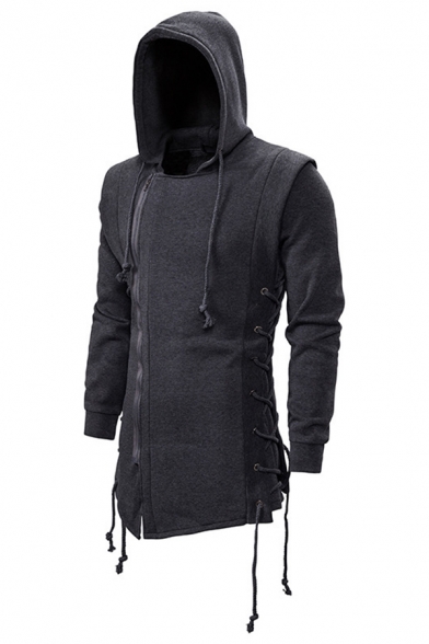 Mens Casual Solid Color Long Sleeve Zip Embellished Longline Asymmetric Hoodie