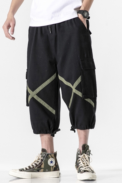 Mens Pants Stylish X-Cross Tape Cuffed Flap Pockets Drawstring Waist Loose Fit 7/8 Length Tapered Cargo Pants