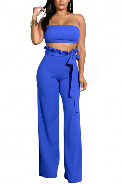 Novelty Womens Co-ords Solid Color Strapless Sleeveless Cropped Bandeau Stringy Selvedge Tie High Waist Wide Leg Pants Set