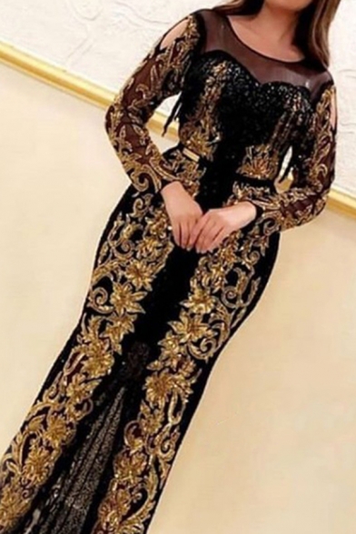 Popular Womens Dress Sheer Mesh Patched Bronzing Long Sleeve Round Neck Long Shift Dinner Dress in Black