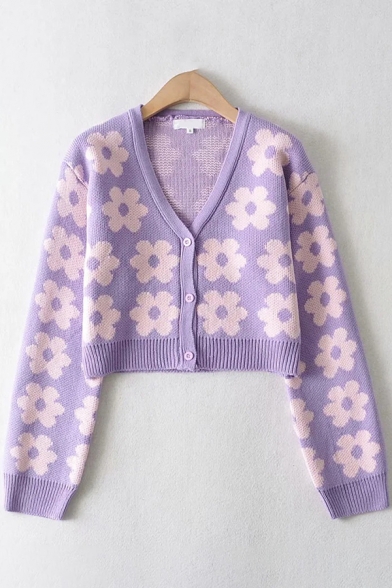 Pretty Womens Cardigan Allover Floral Print Knitted Long Sleeve V-neck Button Up Regular Fit Crop Cardigan in Purple