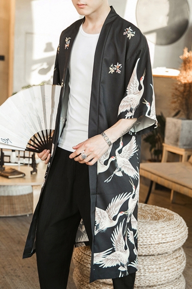 Retro Men's Jacket Crane Print Open Front Half Sleeve Slit Hem Long Kimonos Jacket