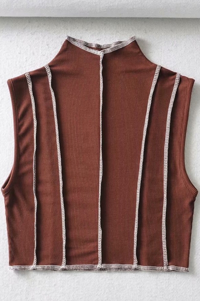 Sexy Womens Tank Ribbed Sleeveless Mock Neck Slim Fit Crop Tank Top in Brown