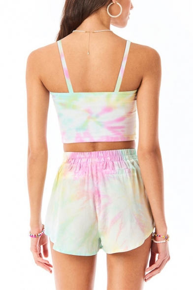 Stylish Pink-Blue Co-ords Tie Dye Print Fitted Crop Cami Top & Relaxed Fit Shorts Co-ords for Girls