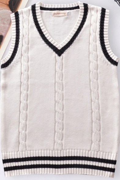 Stylish Women's Sweater Vest Contrast Stripe Ribbed Trim Cable Knit V Neck Sleeveless Relaxed Fit Pullover Vest
