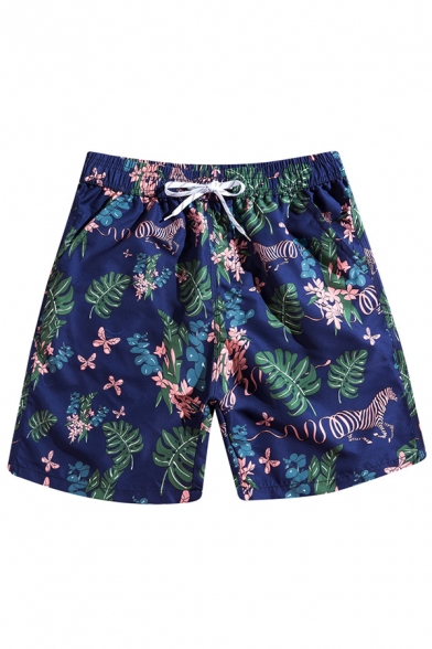 Summer Tropical Floral Plants Printed Drawstring Waist Mens Casual Navy Swim Shorts