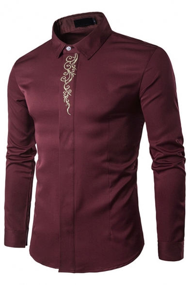 Trendy Men's Shirt Tribal Embroidered Button Closure Point Collar Long Sleeve Regular Fitted Shirt