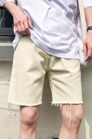 Trendy Mens Shorts Solid Color Frayed Hem Straight Half Length Loose Denim Shorts with Pockets