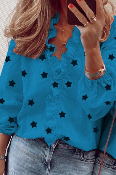 Trendy Women's Shirt Blouse All over Star Print Ruffle Hem V Neck Long Sleeve Regular Fitted Shirt Blouse