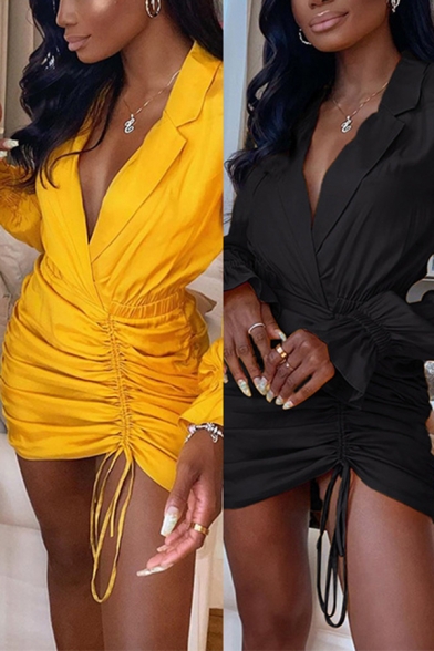 Trendy Womens Dress Solid Color Long Sleeve Notched Collar Drawstring Mini Sheath Dress