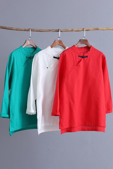 Vintage Womens Shirt Linen and Cotton Long Sleeve Mandarin Collar Frog Button Relaxed Fit Shirt Top