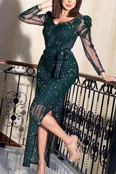 Womens Elegant Dress Sequins Floral Applique Sheer Mesh Long Sleeve Deep V-neck Bow Tied Waist Slit Side Long Shift Dress in Blackish Green