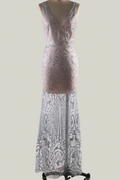 Banquet Womens Dress Deep V-neck Sequined Sleeveless Maxi Fishnet Dress in Silver