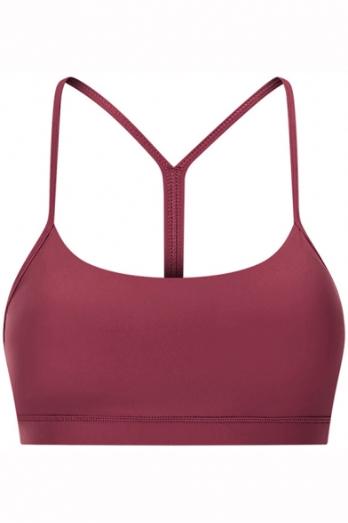 Basic Women's Tank Top Solid Color H Back Round Neck Sleeveless Slim Fitted Active Bra