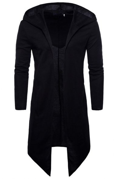 Casual Men's Jacket Solid Color Open Front Long Sleeve Ribbed Hooded Jacket