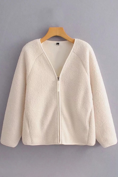 Casual Womens Coat Sherpa Long Sleeve V-neck Zipper Front Solid Color Relaxed Fit Coat