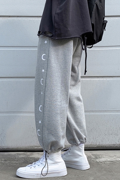 Chic Mens Sweatpants Moon Star Printed Mid Waist Ankle Length Tapered Sweatpants