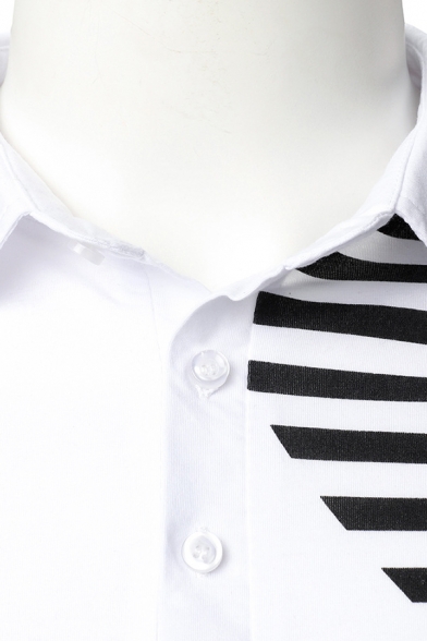 Classic Mens Polo Shirt Zebra Stripe Pattern Button Detail Long Sleeve Turn-down Collar Slim Fit Polo Shirt