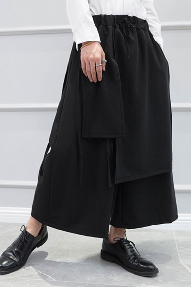 Cool Mens Pants Solid Color Elastic Waist Patched Long Length Wide Leg Pants in Black