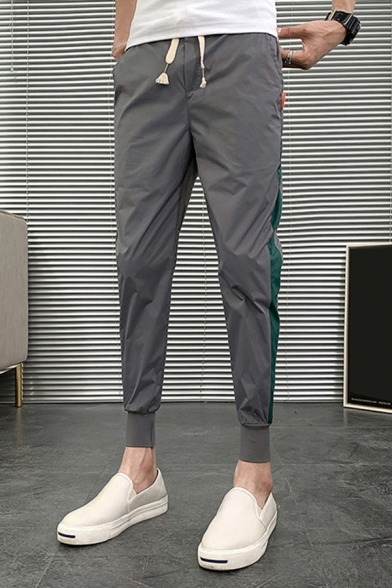 Cozy Men's Pants Contrast Panel Drawstring Waist Slant Pocket Banded Cuffs Ankle Length Pants