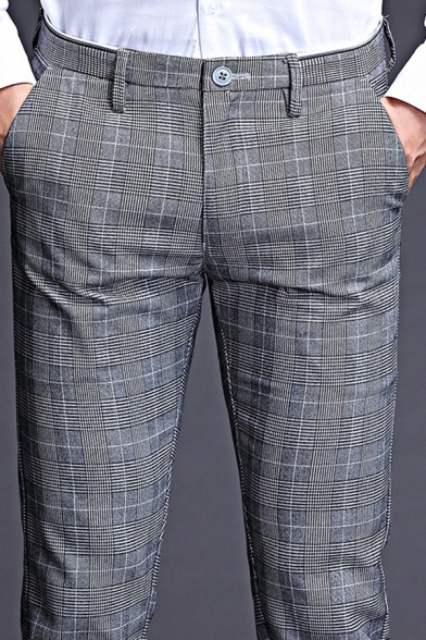 Edgy Men's Pants Plaid Print Mid Waist Pocket Detail Zip Fly Long Straight Pants