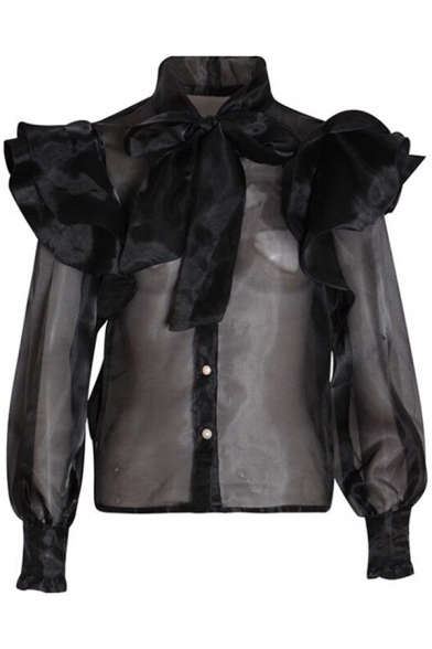 Elegant Womens Shirt See-through Chiffon Ruffled Trim Long Sleeve Bow Tied Neck Button Up Relaxed Plain Shirt