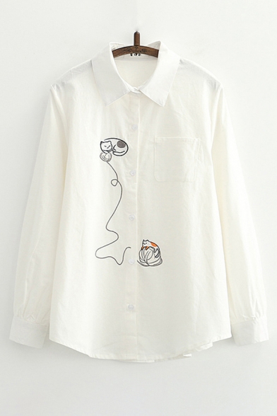 Embroidery Cartoon Mouse Bee Pattern Lapel Long Sleeve Shirt