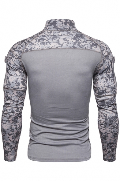Fancy Men's T-Shirt Contrast Panel Camo Print Zip Front Mock Neck Raglan Long Sleeve Slim Fitted Tee Top
