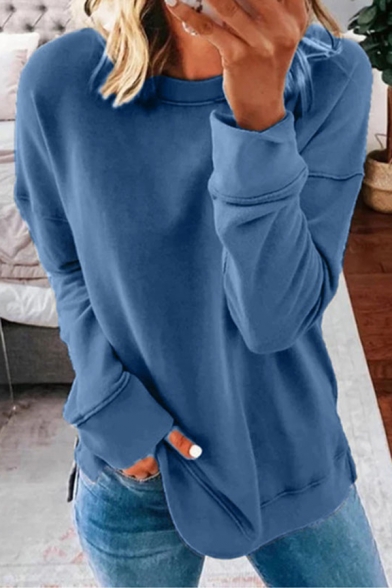 Fancy Women's Sweatshirt Solid Color Round Neck Long Sleeve Regular Fitted Sweatshirt